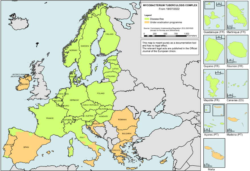 Figure 1.Status of countries for infection with Mycobacterium tuberculosis complex (M. bovis, M. caprae and M. tuberculosis) in the bovine animal population, EU MSs and non-MSs, 2022 (EFSA, 2023)