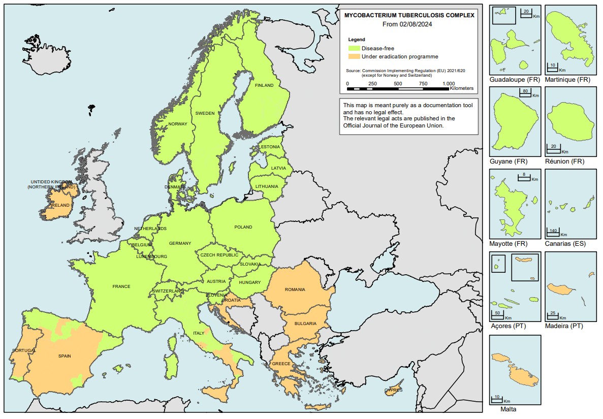 Figure 1. Status of countries for infection with Mycobacterium tuberculosis complex (M. bovis, M. caprae and M. tuberculosis) in the bovine animal population, EU MSs and non-MSs, 2024 (EFSA, 2025)